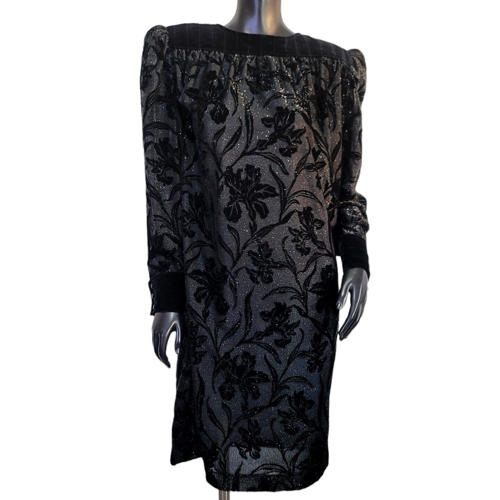 Jerri Sherman Saks Fifth Avenue Vintage Burnout Velvet Floral Dress Black Gothic